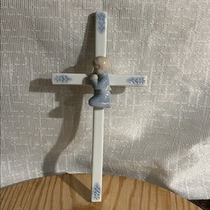 Porcelain Cross with Praying Child Figurine - Blue and White